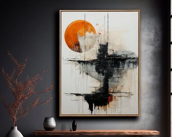 Orange Circle Painting | Black And White  Art | Conceptual Minimalism | Textured Impasto Painting l Digital Large PRINTABLE Art | t-185