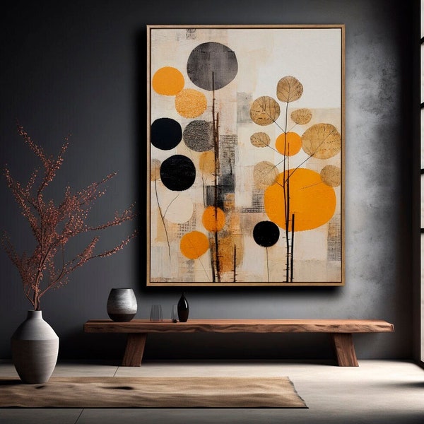 Mid Century Art Print, Boho Wall Art, Neutral Modern Art, Geometric Abstract Circles Art, Orange, Black, Beige | PRINTABLE Art |  t-279