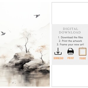 May include: A digital download of a watercolor painting of a mountain landscape with a small island, two trees, and two birds. The text "DIGITAL DOWNLOAD" is in the upper right corner of the image. Below the text are three icons: a download icon, a printer icon, and a frame icon. The text "DOWNLOAD", "PRINT", and "FRAME" are below the icons.