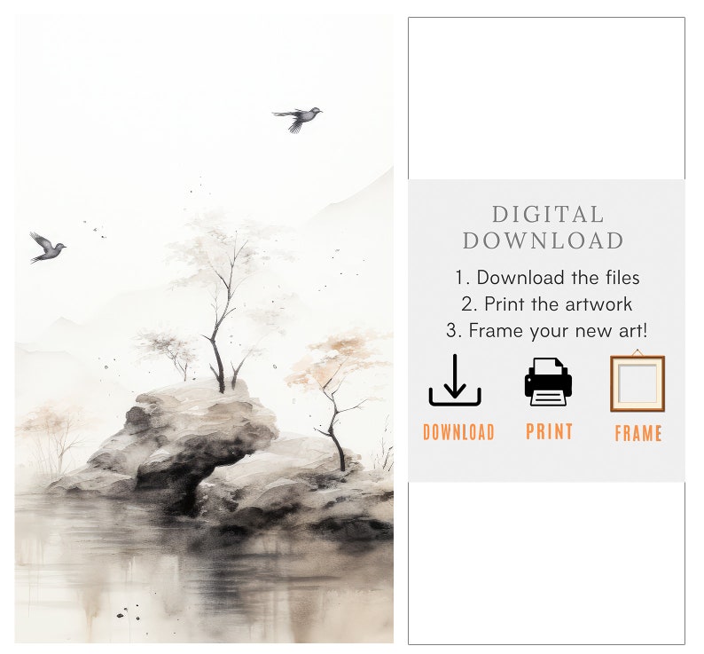 May include: A digital download of a watercolor painting of a mountain landscape with a small island, two trees, and two birds. The text "DIGITAL DOWNLOAD" is in the upper right corner of the image. Below the text are three icons: a download icon, a printer icon, and a frame icon. The text "DOWNLOAD", "PRINT", and "FRAME" are below the icons.
