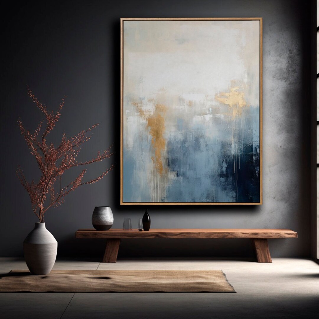 Navy Blue Gray and Gold Abstract Art Modern Art Painting Brush Strokes