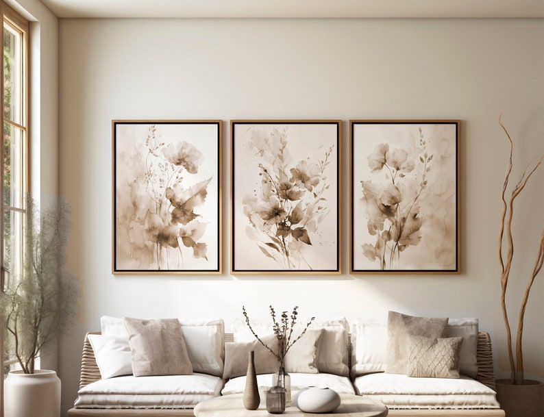 Watercolor Botanical Print Set of 3, Gallery Wall art, Floral Printable Art, Wild Flowers Art Floral Line Art, Modern Home Decor Art Sepia zdjęcie 1