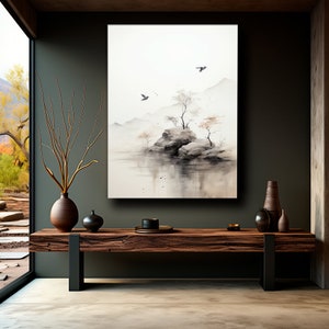 May include: A watercolor painting of a misty landscape with a small island, trees, and birds flying overhead. The painting is framed and hanging on a dark green wall above a wooden shelf with decorative vases.