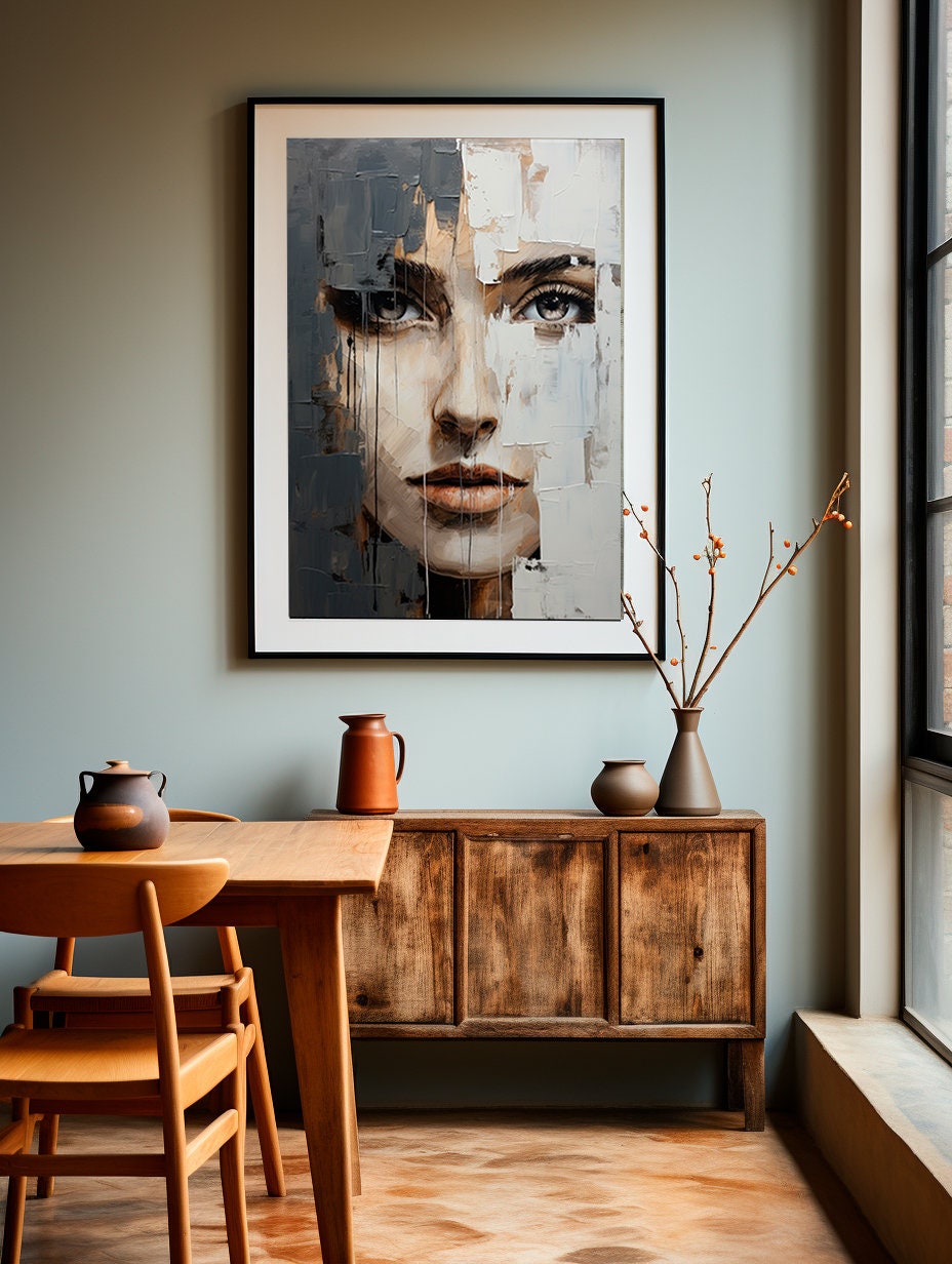Abstract Woman Face Art Print: Beige & Black Tones (digital