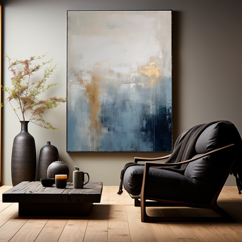 Navy Blue Gray and Gold Abstract Art Modern Art Painting Brush Strokes