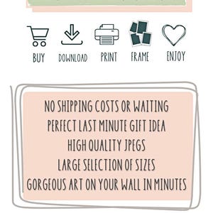 May include: An advertisement for instant downloadable art. The image features icons for buying, downloading, printing, framing, and enjoying art. Text includes "Instant Downloadable Art" and "Gorgeous art on your wall in minutes."
