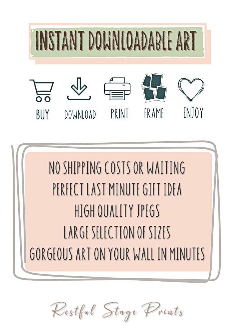 May include: An advertisement for instant downloadable art. The image features icons for buying, downloading, printing, framing, and enjoying art. Text includes "Instant Downloadable Art" and "Gorgeous art on your wall in minutes."