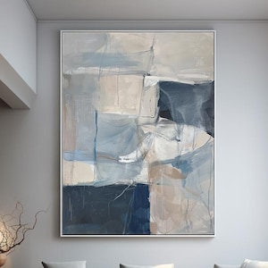 Puede incluir: Pintura abstracta con un esquema de color azul y beige. La pintura presenta formas geom&eacute;tricas y pinceladas.