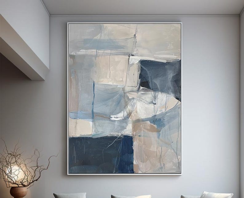 Puede incluir: Pintura abstracta con un esquema de color azul y beige. La pintura presenta formas geom&eacute;tricas y pinceladas.