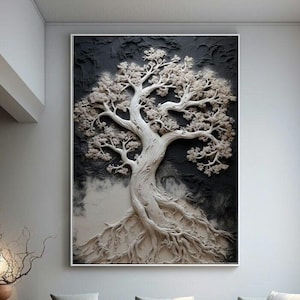 Textured Tree Sculpture Art: Black and White Impasto Painting (Digital Printable)