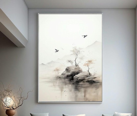 Japanese Misty Landscape Art: Zen Ink Wash Painting (Digital Download)