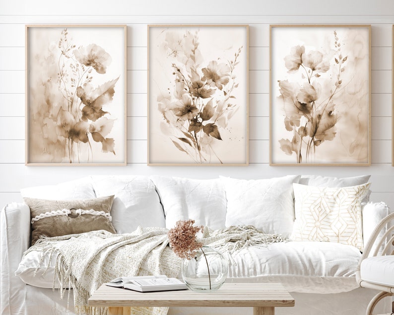 Watercolor Botanical Print Set of 3, Gallery Wall art, Floral Printable Art, Wild Flowers Art Floral Line Art, Modern Home Decor Art Sepia zdjęcie 6