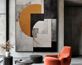 Geometric Abstract Art Print: Gray and Orange Mid-Century Modern (Digital Printable)