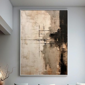 May include: Abstract painting with a beige, brown, and black colour scheme. The painting features a grid pattern with thick lines and a textured background.