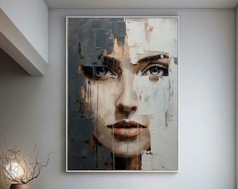 Abstract Woman Face Art Print: Beige & Black Tones (digital
