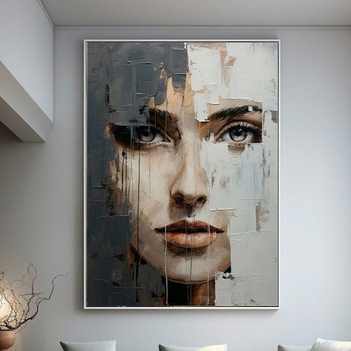 Abstract Woman Face Art Print: Beige & Black Tones (digital