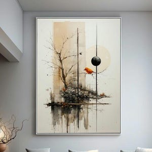 Abstract Tree Art: Watercolor Bird Painting, Mid-Century Modern (Digital Print)