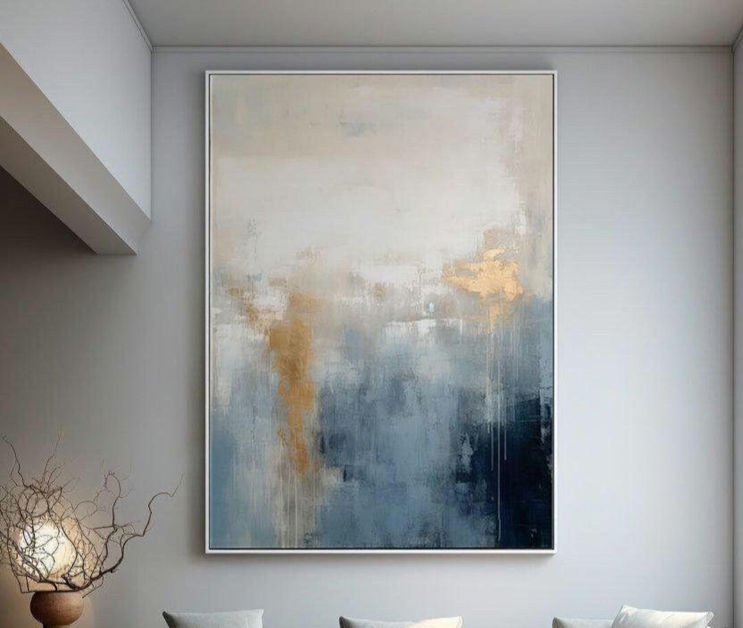 Navy Blue Gray and Gold Abstract Art Modern Art Painting Brush