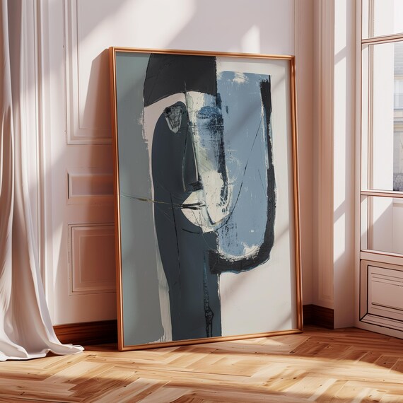 Abstract Face Art Print: Modern Expressionist Blue Grey Decor (Digital Download