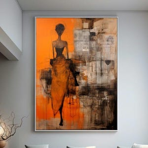 Abstract Female Figure Art: Orange Beige Ink Painting (Digital Printable)