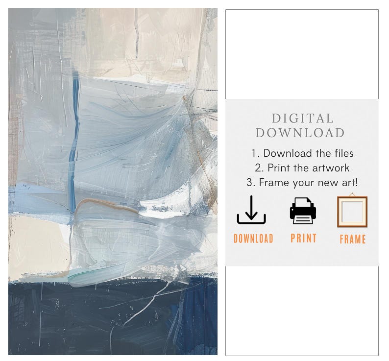 Puede incluir: Pintura abstracta en tonos de azul, blanco y beige. La pintura tiene un efecto texturizado, de pinceladas. La imagen incluye instrucciones para descargar, imprimir y enmarcar la obra de arte.