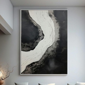 Black and White Abstract River Painting: Modern Textured Wall Art (Digital Download)