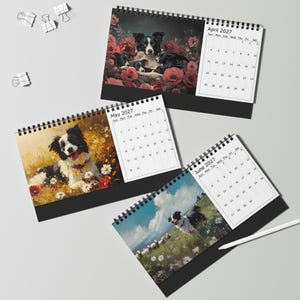 May include: Three spiral-bound desk calendars featuring illustrations of black and white border collie dogs. The pages display the months of April, May, and June 2027 with grid layouts. The imagery includes floral backgrounds and outdoor landscapes.