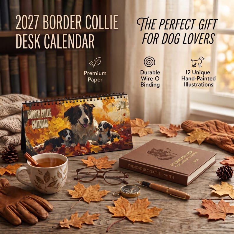 May include: A 2027 Border Collie desk calendar featuring hand-painted illustrations of dogs in autumn leaves. The calendar has wire-o binding and is displayed with a brown book, a ceramic mug, reading glasses, a pen, and scattered fall leaves.