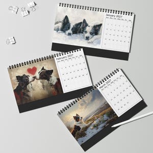 May include: Three spiral-bound desk calendars for 2027 featuring Border Collie imagery. January shows two dogs in snow, February displays two dogs with a red heart, and March depicts a dog in a snowy landscape. White clips are scattered nearby.