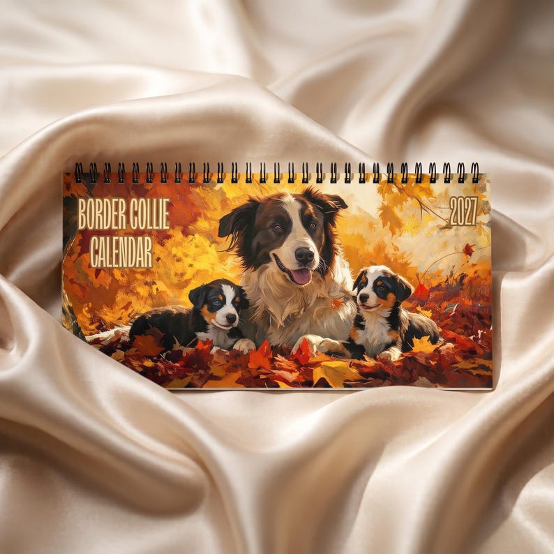 May include: A 2027 spiral-bound wall calendar featuring a printed illustration of one adult Border Collie and two puppies sitting in a pile of vibrant orange and yellow autumn leaves. The text BORDER COLLIE CALENDAR is printed on the left side.