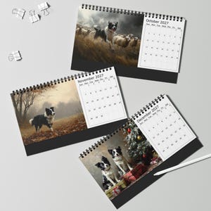May include: Three spiral-bound desk calendars for October, November, and December 2027. Each page features a Border Collie in different settings: herding sheep, standing in autumn leaves, and sitting by a Christmas tree with wrapped gifts.