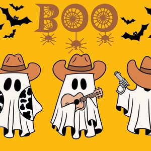 Halloween card, simple, orange with 3 ghosts dressed as cowboys