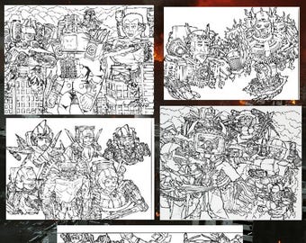 Skibbity toilet LANDSCAPE coloring page up to 5 pages + bonus 1 page, sci-fi giant robots awesome battles, digital printing illustration,