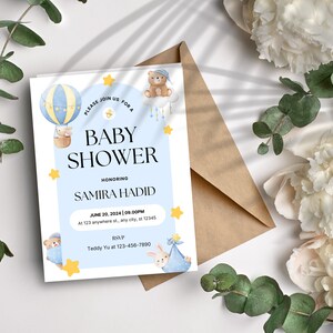Azul y amarillo moderno lindo bebé ducha invitación, regalo de baby shower, tarjeta de embarazo, tarjeta de nuevos padres, tarjeta de niño, mamá para ser tarjeta