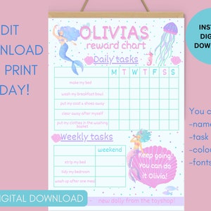 Editable Mermaid Reward Chart, Printable Reward Chart, Kids Chore Chart ...