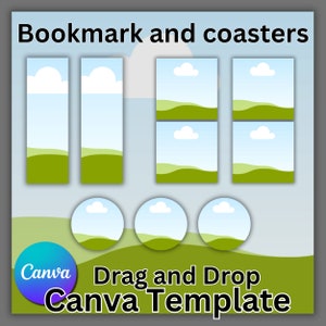 May include: Printable template for bookmarks and coasters featuring a simple landscape design with green hills, blue sky, and white clouds. The template is designed for use with Canva.