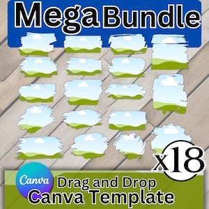 May include: A set of 18 Canva templates featuring a blue sky with white clouds and green hills. The templates are designed for drag and drop functionality. The text "Mega Bundle x18" is visible in the image.