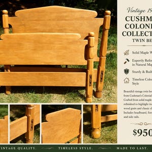 May include: A vintage Cushman Colonial Collection twin bed frame made of light brown maple wood. The set includes a headboard and footboard with turned posts and decorative metal hardware inserts. The wood grain is visible throughout the frame.