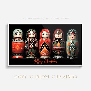 May include: Five traditional Russian nesting dolls, or matryoshka dolls, are arranged in a row on a black background. The dolls are painted in bright colors with intricate designs. The largest doll is on the left and the smallest is on the right. The dolls are all wearing traditional Russian clothing. The text "Merry Christmas" is written in red below the dolls.