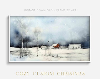 Könnte beinhalten: Ein Aquarellbild einer verschneiten Winterlandschaft mit einem roten Bauernhaus in der Ferne. Das Bild ist in einem weißen Rahmen gerahmt und trägt den Text "INSTANT DOWNLOAD - FRAME TV ART" und "COZY CUSIOM CHRISTMAS" oben und unten im Bild.