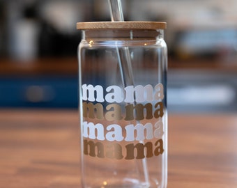 Mama Mama Mama Design Glass Coffee Cup With Lid and Straw | Mama Glass Tumbler | 16oz Glass Tumbler | Aesthetic Glass Can | New Mom