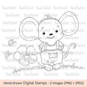 Tampon numérique mignon bébé souris, PNG et JPEG dessinés à la main, clipart printemps pour cartes et coloriage, souris avec fleur et papillons
