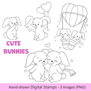 Schattige konijntjes clipart, Valentijn handgetekende digitale postzegels png, kawaii konijntjes voor doe-het-zelfkaarten, kleurplaten en knutselwerkjes
