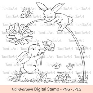 Lapins mignons à colorier pour enfants et adultes, tampon numérique dessiné à la main avec fleurs printanières, abeilles, papillon, coccinelle, PNG et JPEG imprimable