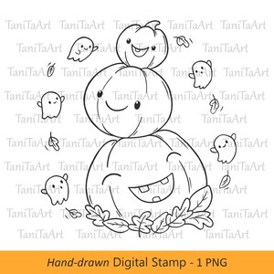Sello digital de Halloween, linda ilustración de fantasmas, calabazas divertidas, arte lineal dibujado a mano, creación de tarjetas, página para colorear para niños, gráfico PNG