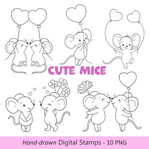 Paquete de imágenes prediseñadas de ratones adorables, sellos digitales PNG de San Valentín dibujados a mano, ratón kawaii con corazones, globos y flores, tarjetas DIY, scrapbooking.