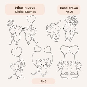 Cute Mice in Love Digital Stamps, Hand-Drawn Valentine Clipart PNG, Kawaii Mouse with Hearts Balloons & Flowers, DIY Cards Scrapbooking Art