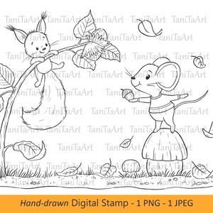 Leuke herfstmuis en eekhoorn digitale stempel, handgetekende zeer fijne tekeningen, herfstkleurplaat voor kinderen en volwassenen, doe-het-zelf, png