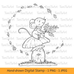 Mignonne souris d'automne à colorier pour les enfants, tampon numérique dessiné à la main avec des feuilles et des champignons, illustration d'animaux d'automne pour travaux manuels et cartes