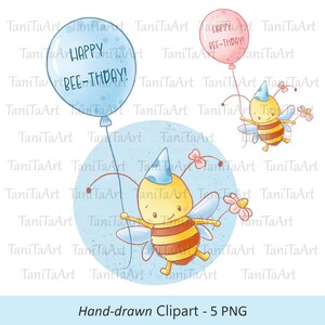 Słodkie Szczęśliwe Urodziny Clipart, Kawaii Bee Illustration, Ręcznie Rysowany Obrazek Z Kreskówek, Dziecięce Dziecięce Sztuka, PNG Drukowane Grafiki, Rzemiosło DIY